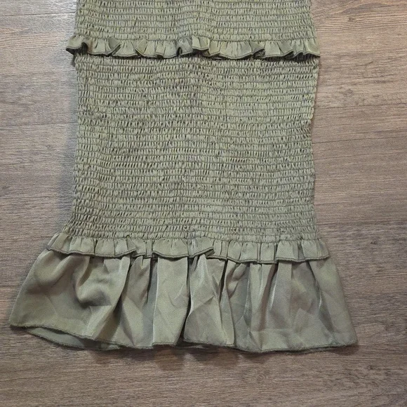 MABLE • Olive Green Smocked Fitted Dress - Picture 3 of 12